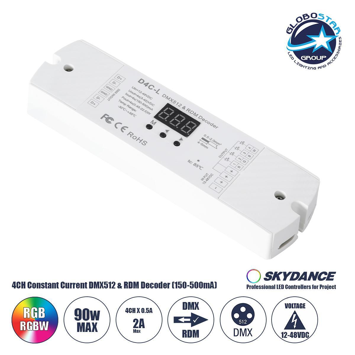 GloboStar® 73145 D4C-L SKYDANCE DC DMX512 Декодер с постоянен ток & RDM, 4 канала, DC 12-48V, 4 x 0.5A 22.5W - Макс 2A 90W - IP20, Д17 x Ш5 x В2.5cm