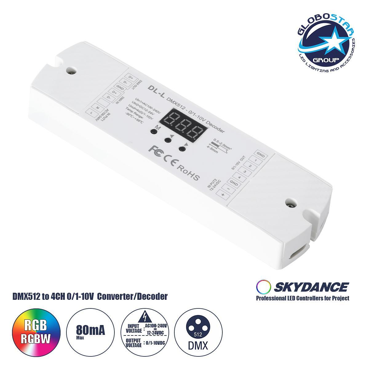 GloboStar® 73140 DL-L SKYDANCE AC DMX512 към 0/1-10V Конвертор / Декодер 4 Канала - 2 Входа DC 12-24V или AC 100-240V - IP20 Р17 x Ш5 x В2.5cm - 5 Г