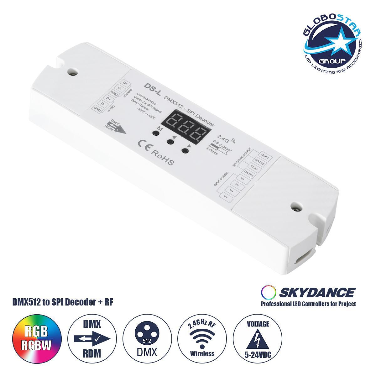 GloboStar® 73142 DS-L SKYDANCE DC RF 2.4Ghz DMX512 към SPI Декодер DC 5-24V - IP20 М17 x Ш5 x В2.5cm - 5 години гаранция