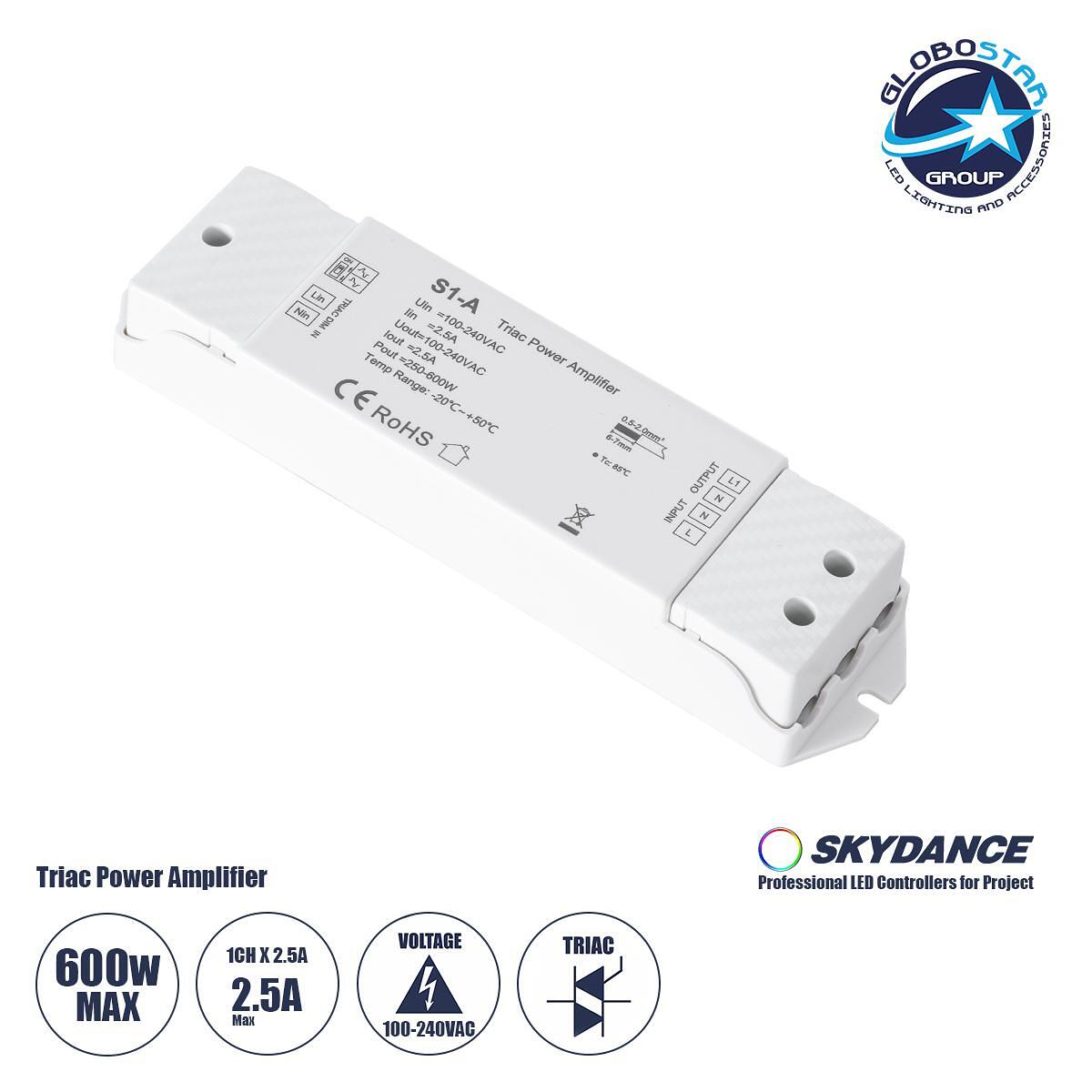 GloboStar® 73128 S1-A SKYDANCE AC Triac Усилвател 1 Канал AC 100-240V 1 x 2.5A 600W - Макс 2.5A 600W - IP20 Д17.5 x Ш4.5 x В2.5cm - 5 Години Гаранци