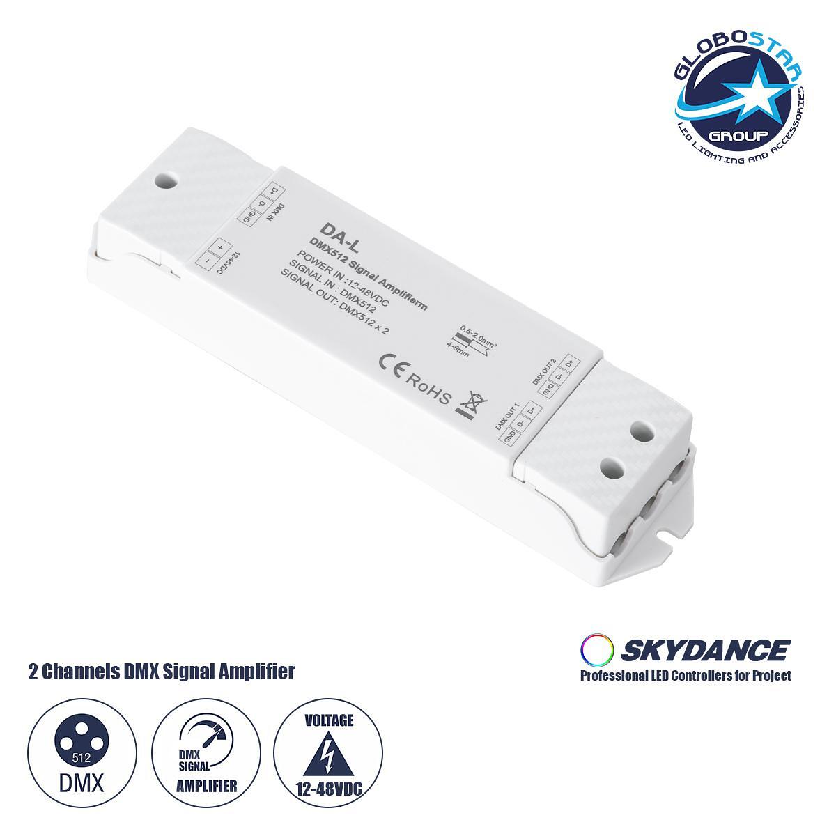 GloboStar® 73138 DA-L SKYDANCE DC DMX512 Усилвател на сигнал 2 канала DC 12-48V - IP20 Д17.5 x Ш4.5 x В2.5cm - 5 години гаранция
