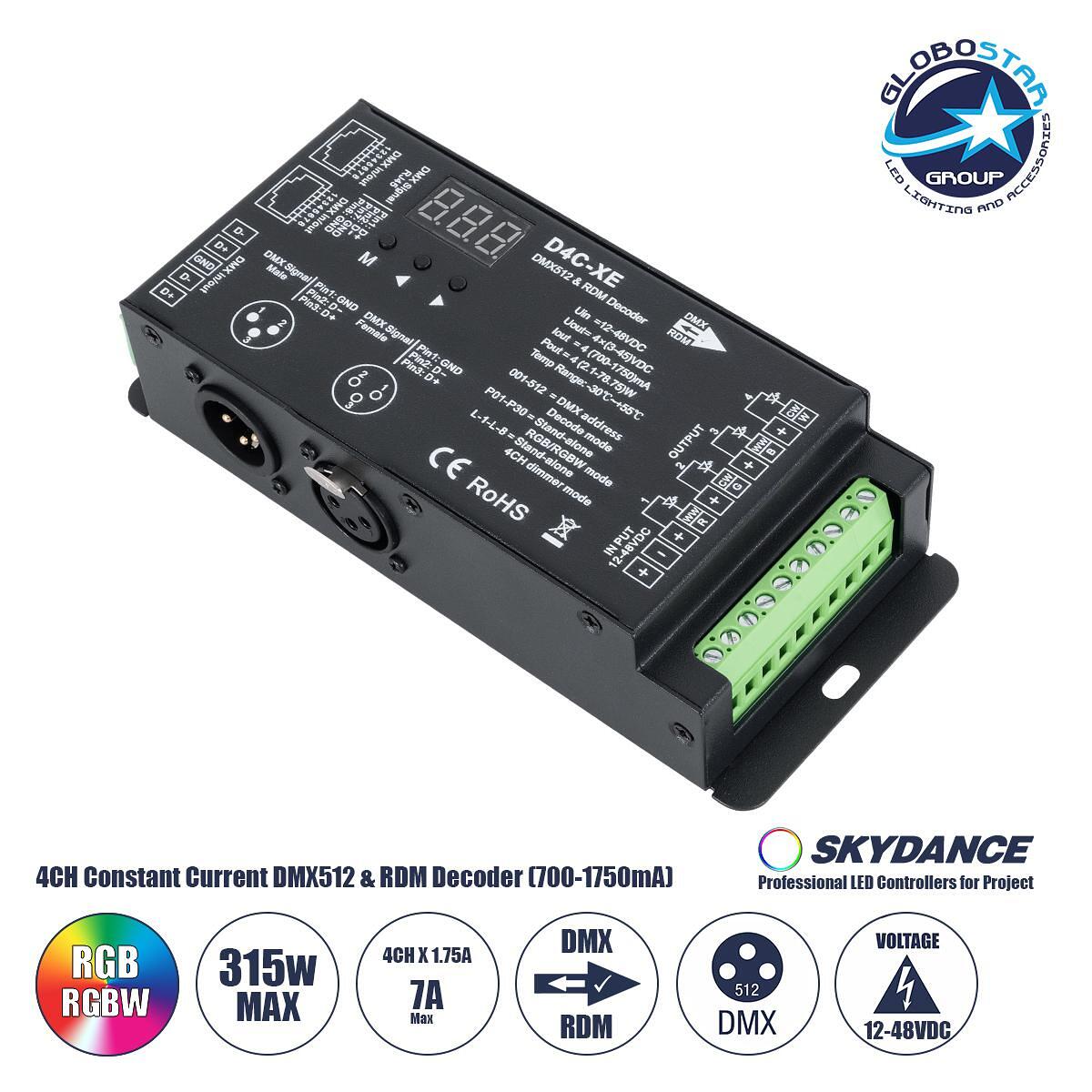 GLOBOSTAR® SKYDANCE-D4C-XE 73147 DC CC DMX Мастер Димер / Контролер / Декодер Високоскоростен с 4 x 700-1750mA 2.1-78.75W Канала DC 12-48V към DC 3-4