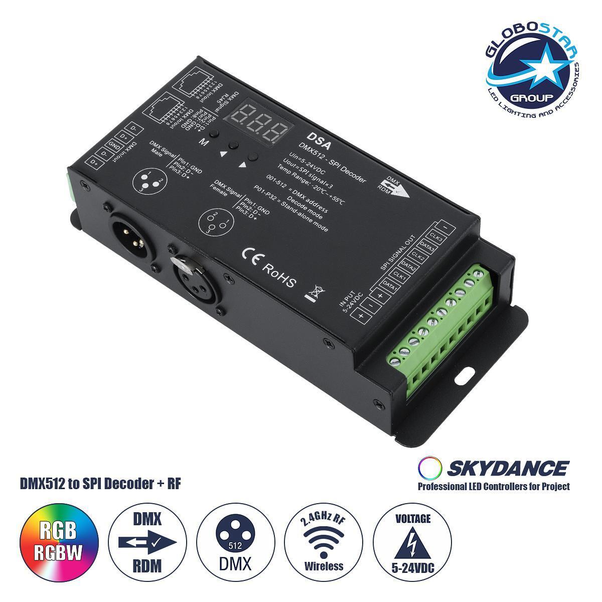 GloboStar® 73141 DSA SKYDANCE DC RF 2.4Ghz DMX512 към SPI Декодер DC 5-24V - IP20 Φ16.5 x Φ7 x В3.7cm - 5 години гаранция