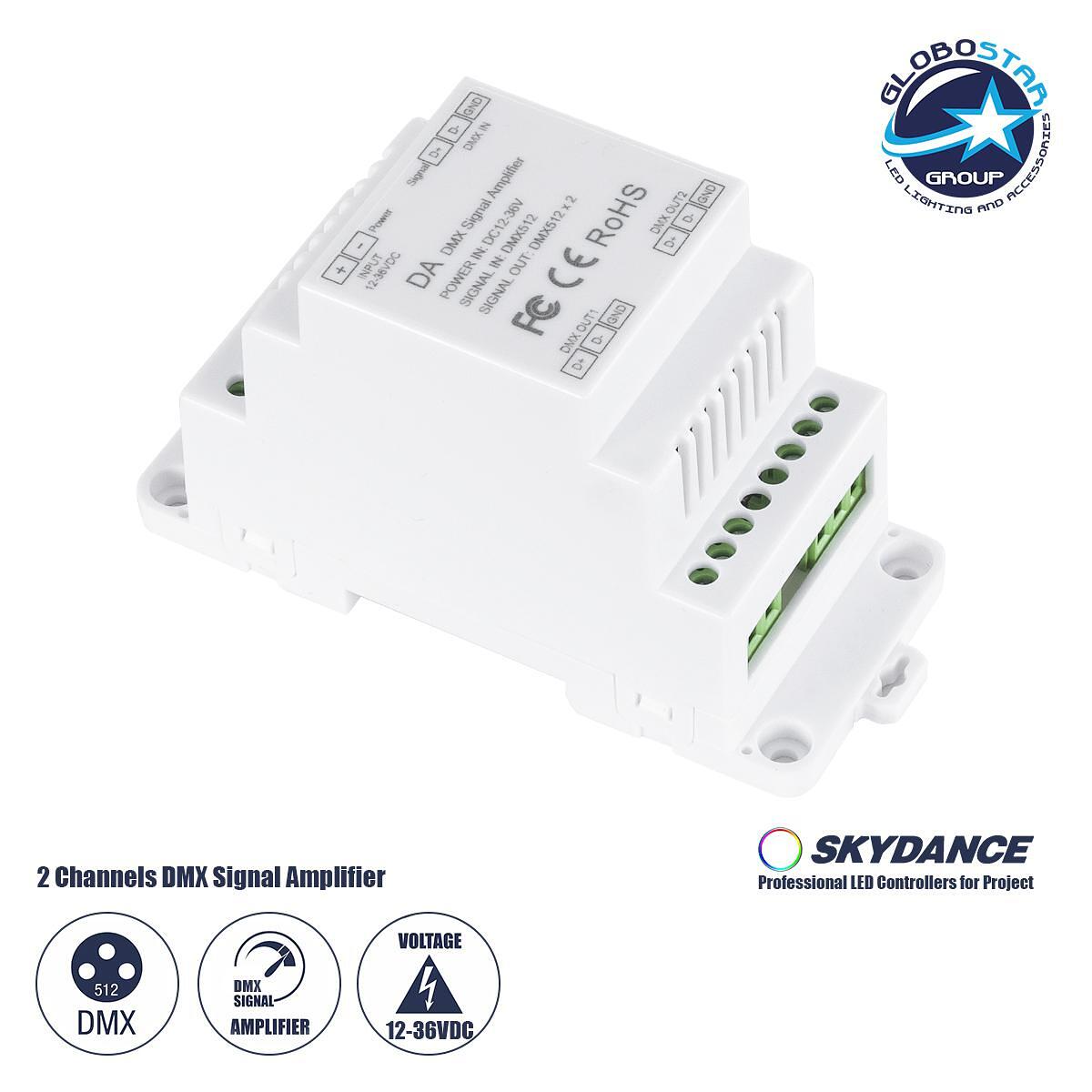 GloboStar® 73137 DA SKYDANCE DC DMX512 Усилвател на сигнал Din Rail Шина 2 Канала DC 12-48V - IP20 Д11.5 x Ш5 x В6.5cm - 5 Години Гаранция