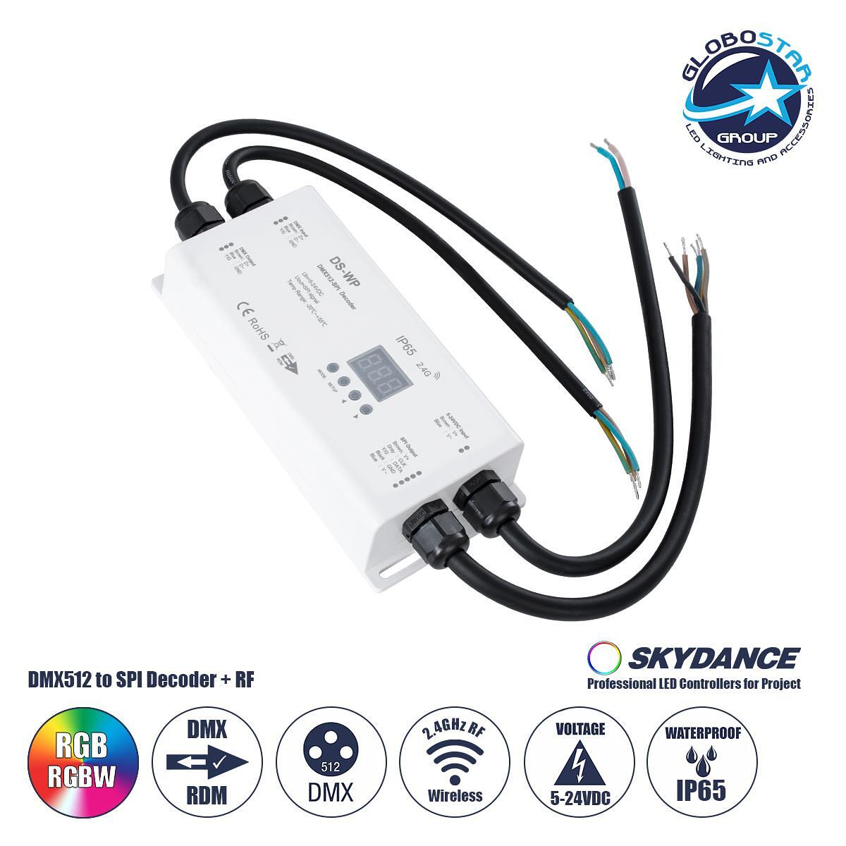 GloboStar® 73143 DS-WP SKYDANCE DC RF 2.4Ghz DMX512 към SPI декодер DC 5-24V - Водоустойчив IP65 М17 x Ш8 x В4cm - 5 години гаранция