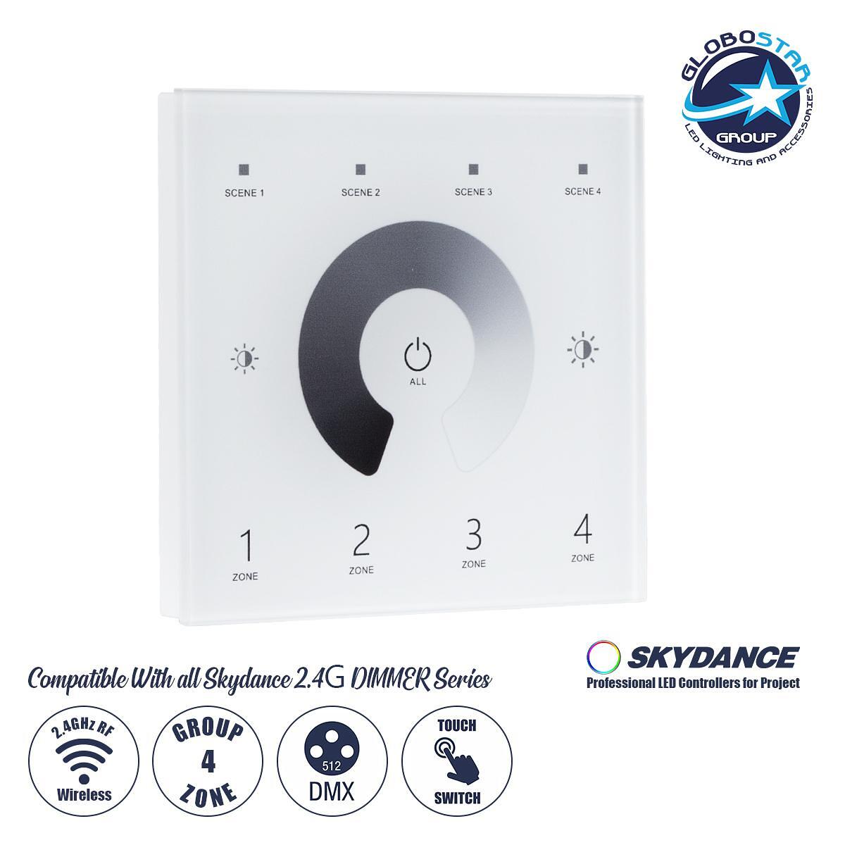 GloboStar® 73159 T11 SKYDANCE Безжично DMX512 Стенно RF 2.4Ghz Управление 4 Групи за всички SKYDANCE DMX512 Контролери AC 100-240V Макс 0.1A - IP20 Р