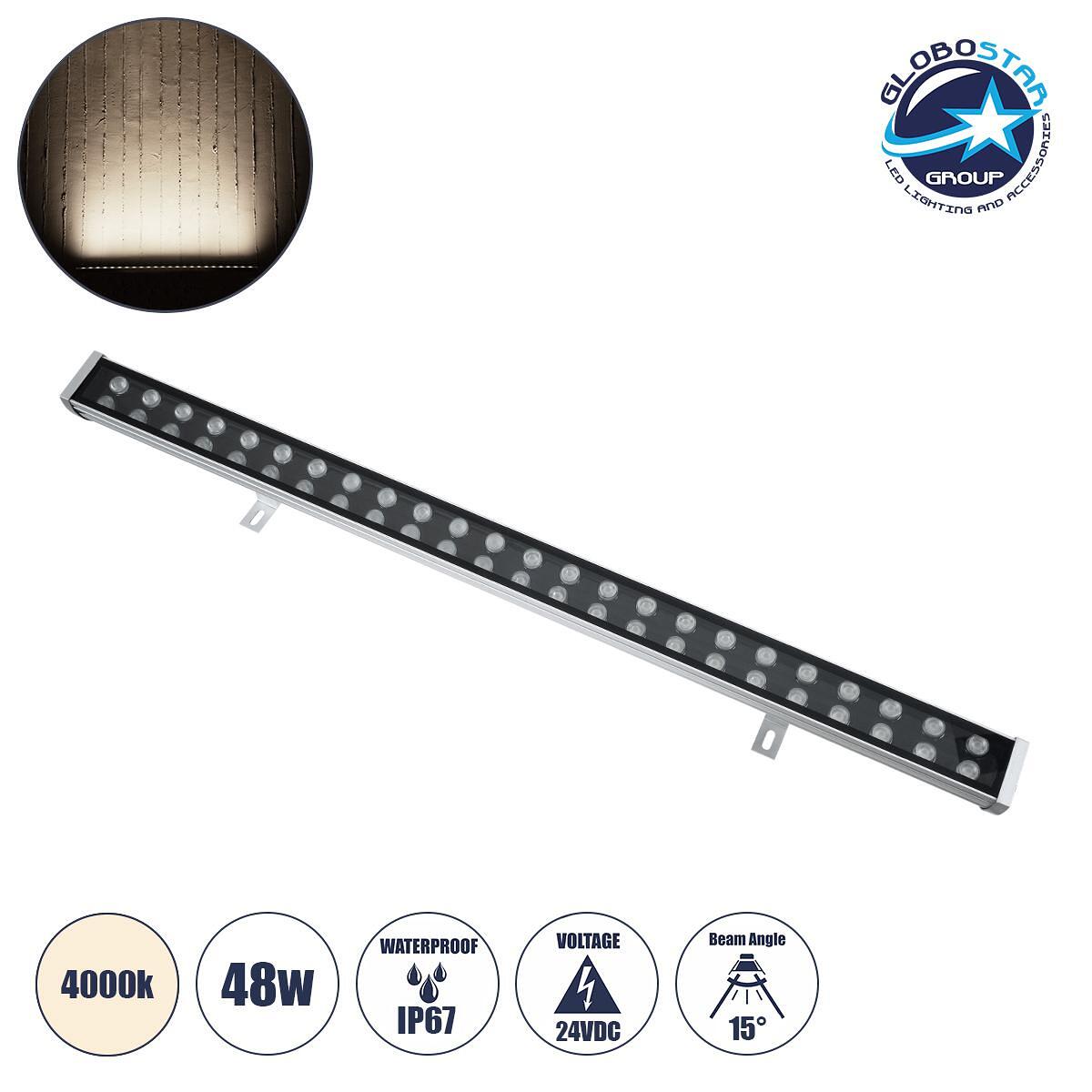GloboStar® WASHER-NASIA 90159 LED Wall Washer Осветителна Лента 48W 4560lm 15° DC 24V Водоустойчив IP67 Д100 x Ш6.5 x В6.6cm Неутрално Бяло 4000K - С