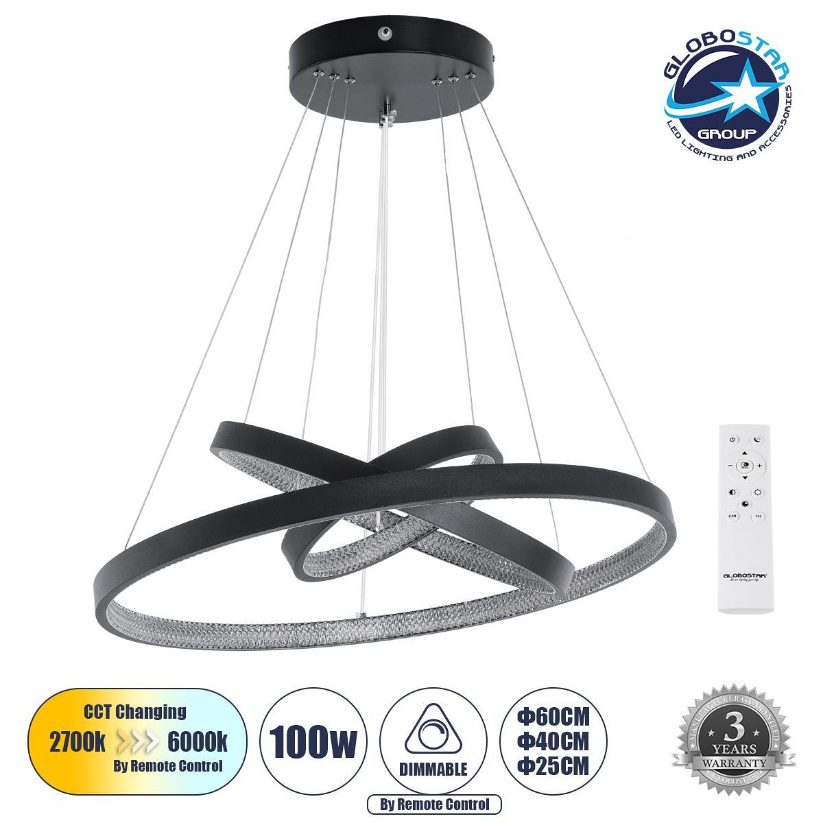 GLOBOSTAR® DIAMOND TRIO 61523-DECO Модерен висящ LED осветител за таван 100W 11200lm 360° AC 220-240V IP20 Регулируема бяла светлина CCT с дистанцион