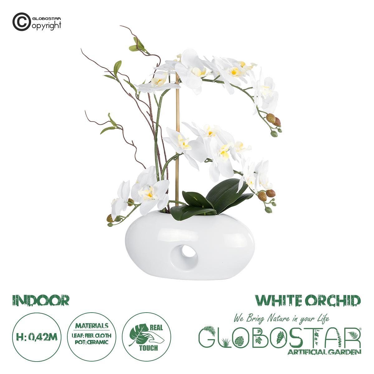 GloboStar® Изкуствена Градина БЯЛА ОРХИДЕЯ 21125 Декоративно Растение Бяла Орхидея В42cm