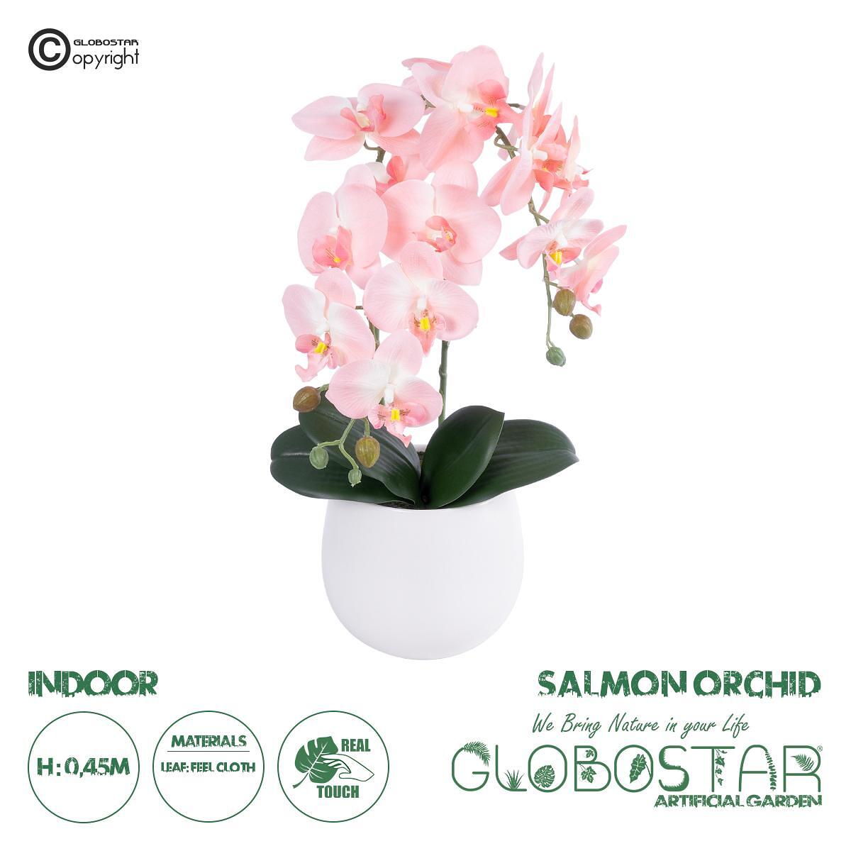 GloboStar® Изкуствена Градина SALMON ORCHID 21118 Декоративно Растение Розово-Оранжева Орхидея В45cm