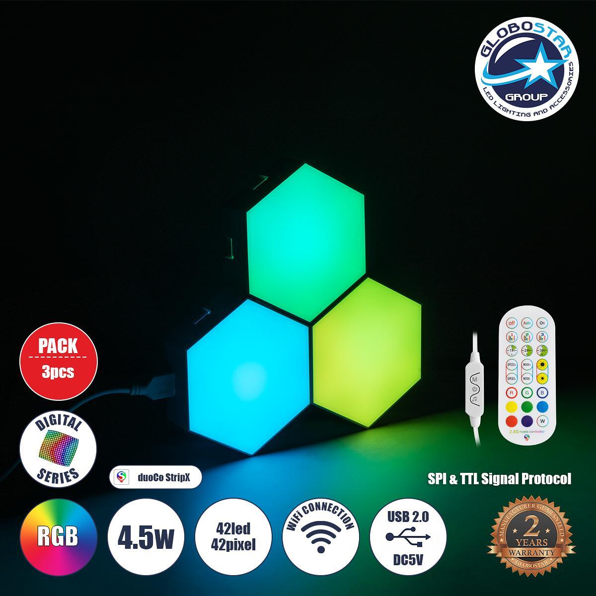 GloboStar® DIGIOCTA 90447 Комплект от 3 дигитални RGB LED осветителни клетки с дигитален контролер с WiFi Smart APP и безжично RF 2.4Ghz дистанционно