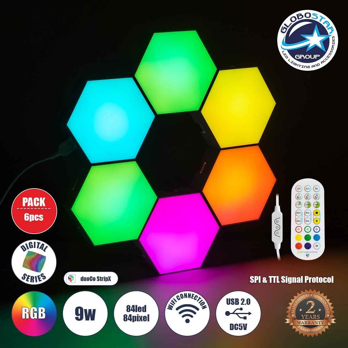 GloboStar® DIGIOCTA 90448 Комплект от 6 цифрови LED RGB осветителни клетки с цифров контролер с WiFi Smart APP и безжично RF 2.4Ghz дистанционно упра