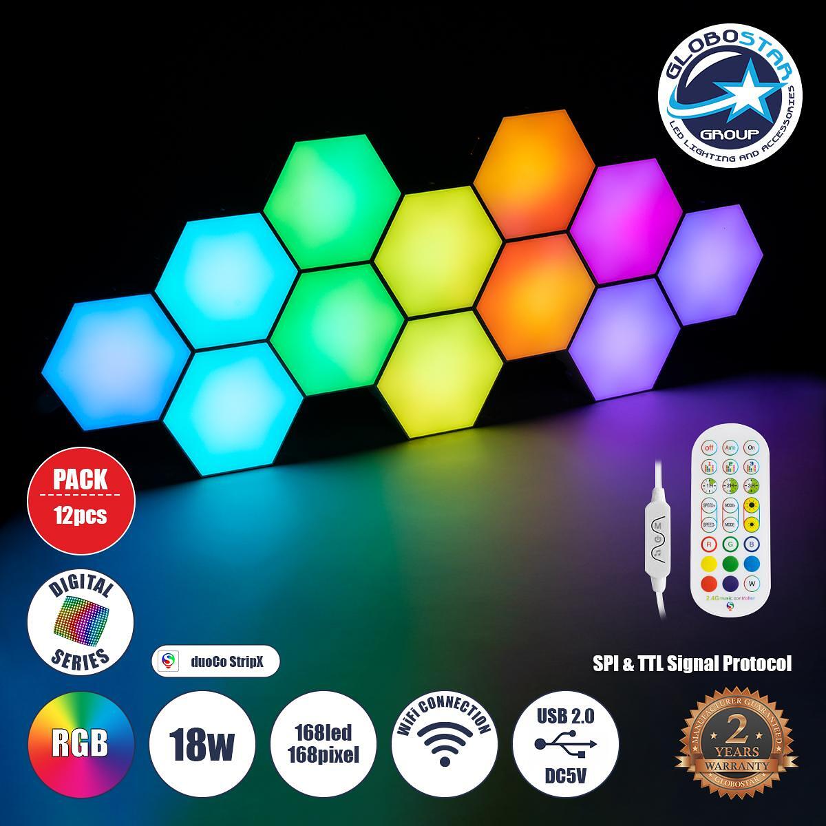 GloboStar® DIGIOCTA 90449 Комплект от 12 дигитални LED RGB осветителни клетки с дигитален контролер с WiFi Smart APP и безжично RF 2.4Ghz дистанционн