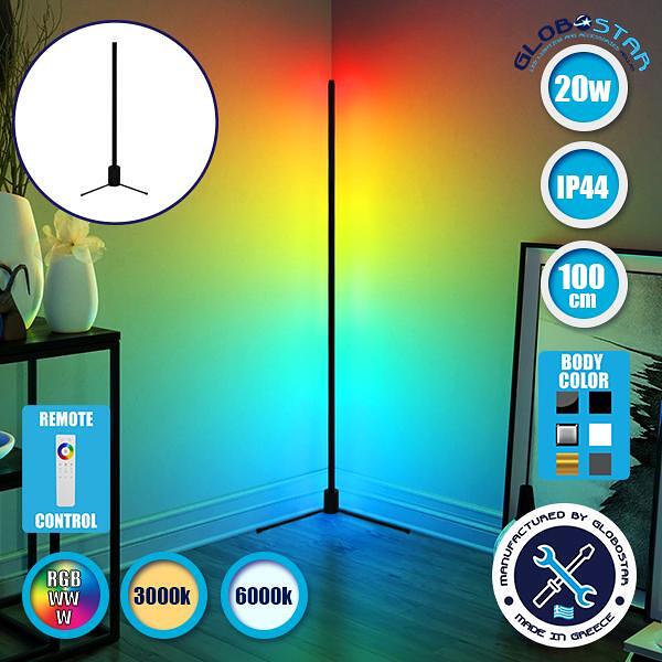 Модерна минималистична черна стояща лампа 100cm LED 20 Watt с безжично 2.4G RF тъч дистанционно и димер RGBW+WW Многоцветна - Студена - Дневна - Топл