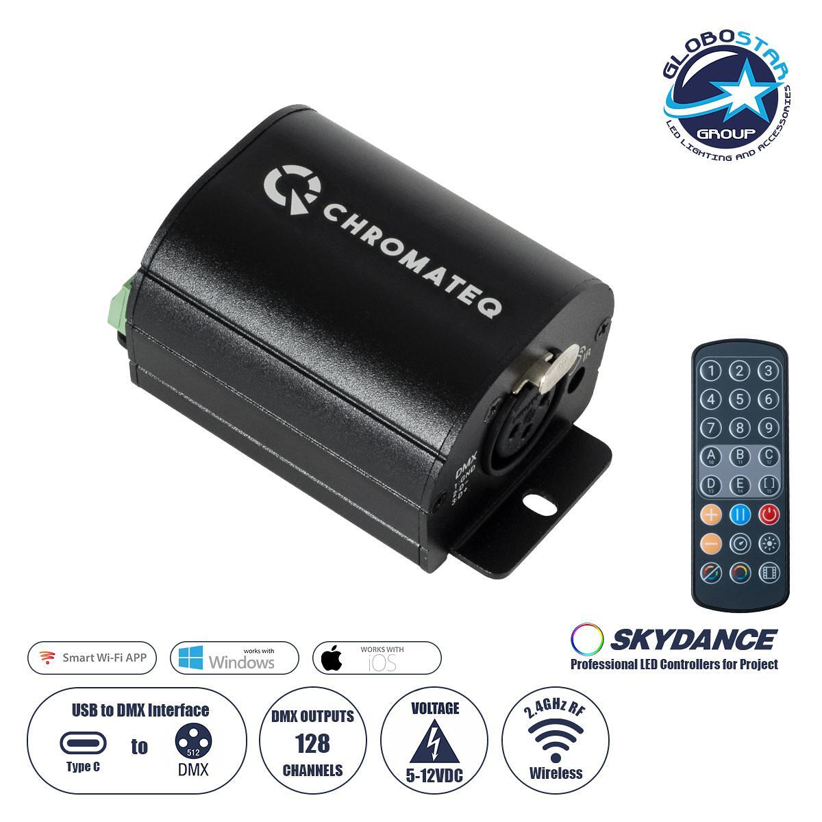 GLOBOSTAR® SKYDANCE-CHROMATEQ 71579 USB-C в DMX512 Interface 128 Канали XLR3 DC 5V IP40 - Безжичен Дистанционно управление IR - М7.8 x П5 x У3.8cm -