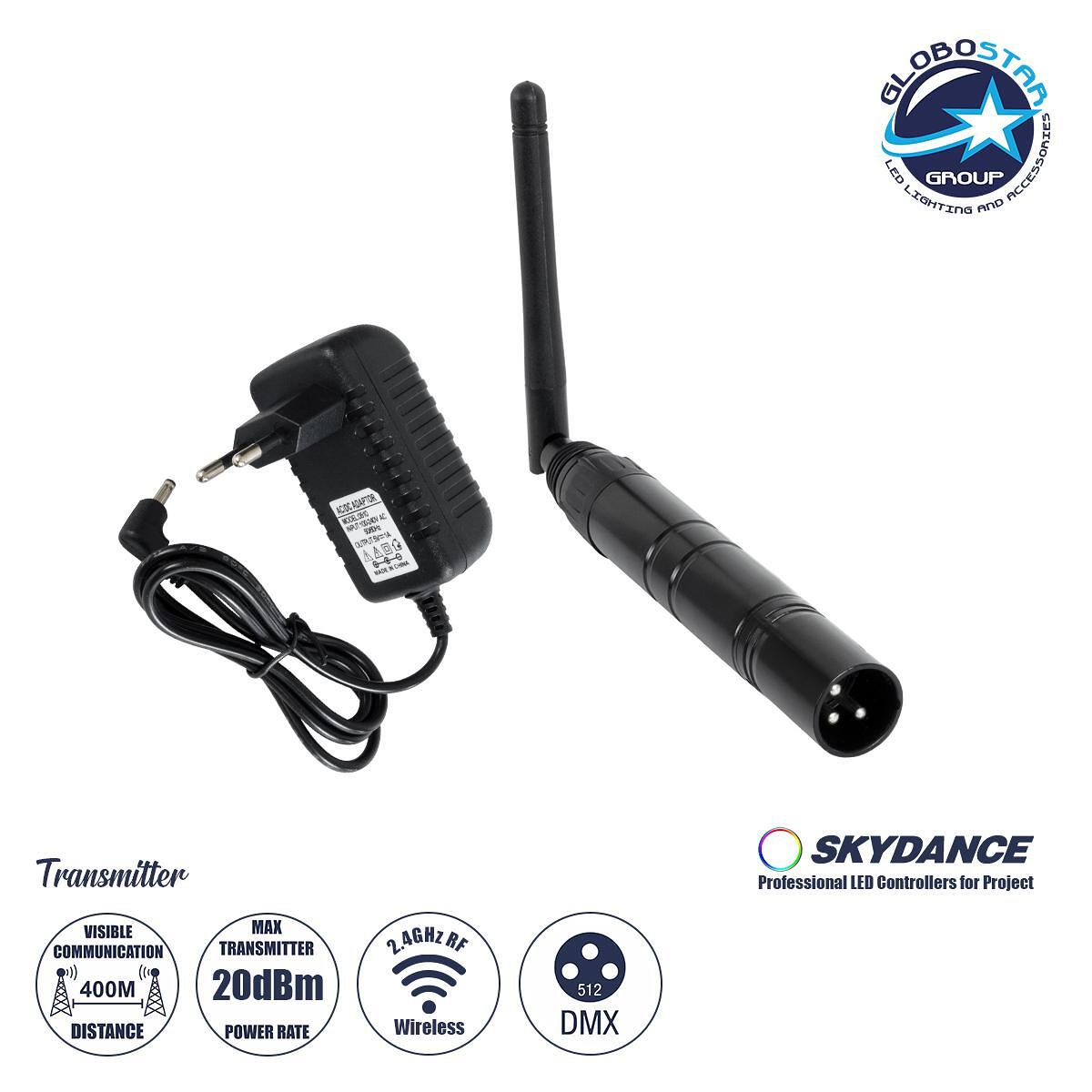 GLOBOSTAR® SKYDANCE-DM-WT 71577 DMX512 Безжичен Предавател RF 2.4Ghz ISM GFSK 20dBm 400m Мъжки XLR3 DC 5V IP20 - М1.9 x П1.9 x У22cm - 5 Години Гаран