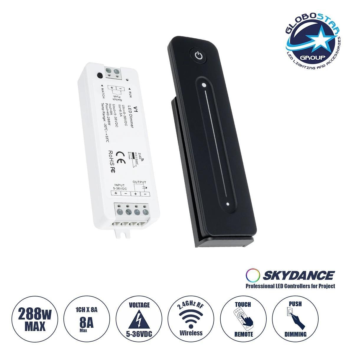 GloboStar® 73119 V1+R11 SKYDANCE КОМПЛЕКТ Димер & Безжично Сензорно Дистанционно 1 Group RF 2.4Ghz 8A Max DC 5-36V (288W) - DC 3V IP20 - 5 години гар