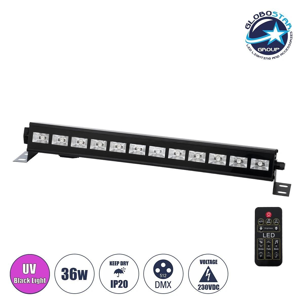 GLOBOSTAR® UVBAR 79660 лента Осветление LED 36W 120° AC 220-240V IP20 Черен Алуминий - Ultraviolet UV Black Light - DMX512 & Безжичен Дистанционно уп