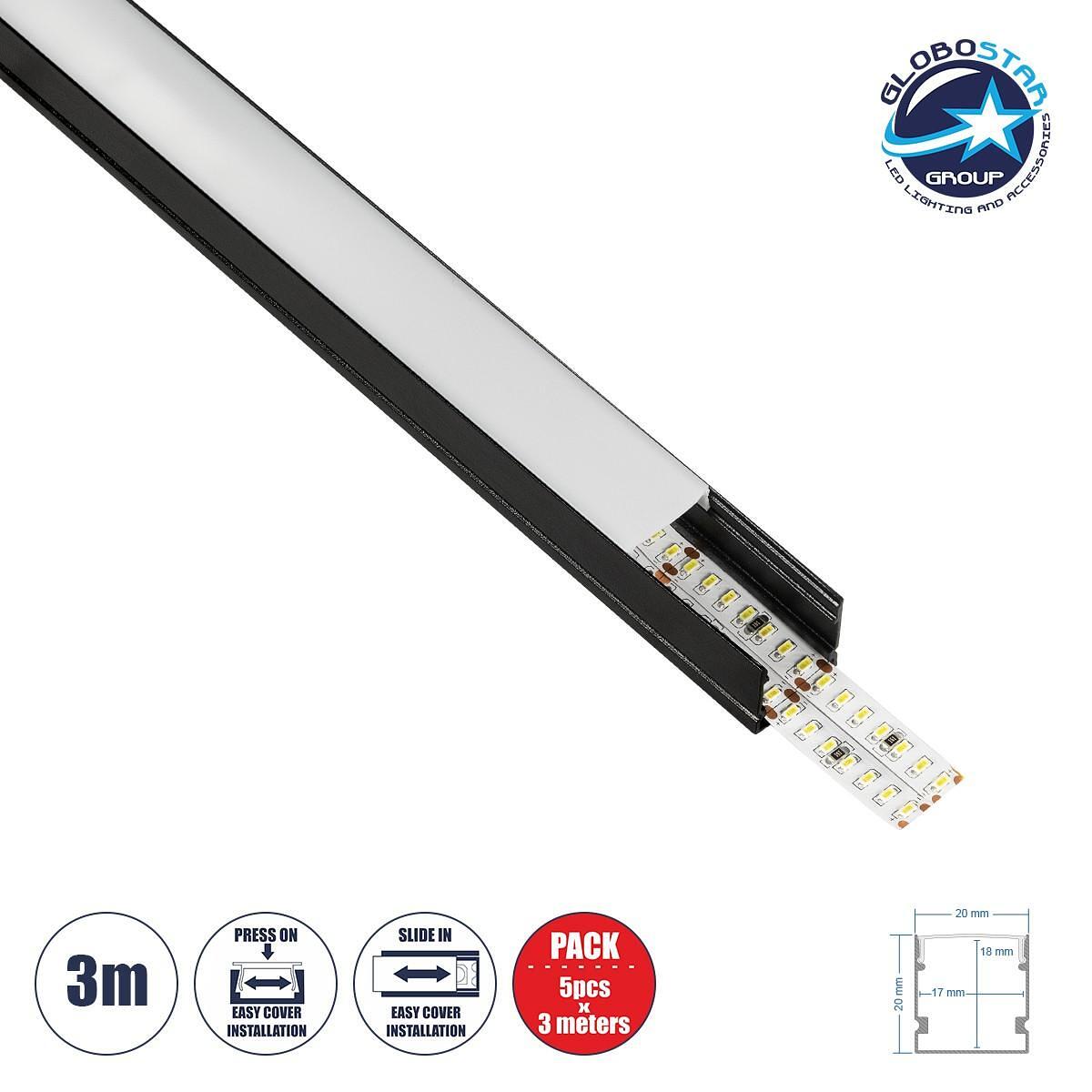 GLOBOSTAR® ALP-LINEAR GLOWTRACK 61797-3M Повърхностен Алуминиев профил с Бял Млечен излят корпус за LED ленти IP20 - Черен Мат - М300 x П2 x У2cm - П