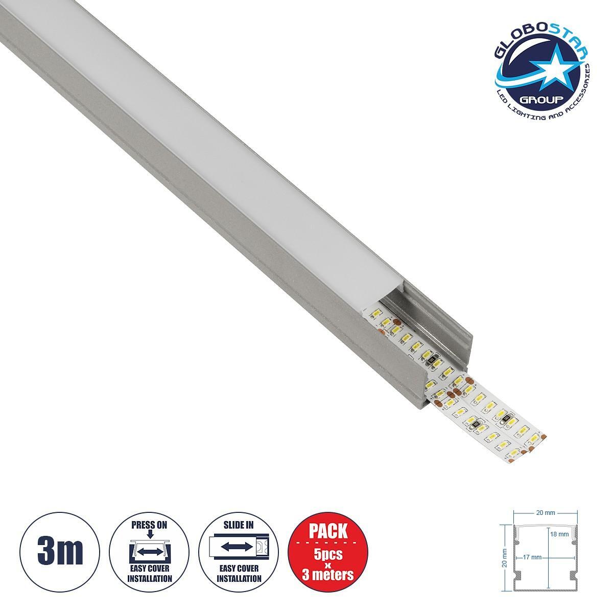 GLOBOSTAR® ALP-LINEAR GLOWTRACK 61798-3M Повърхностен Алуминиев профил с Бял Млечен излят корпус за LED ленти IP20 - Сиво Антрацит Матирано - М300 x