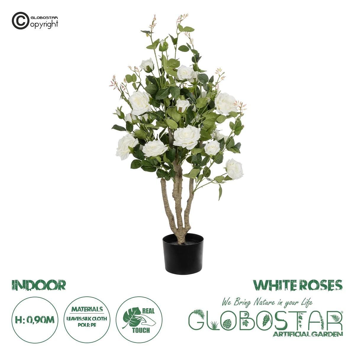 GloboStar® Artificial Garden WHITE ROSES 21069 Изкуствен Декоративен Дърво Розова градина М50 x П50 x У90cm
