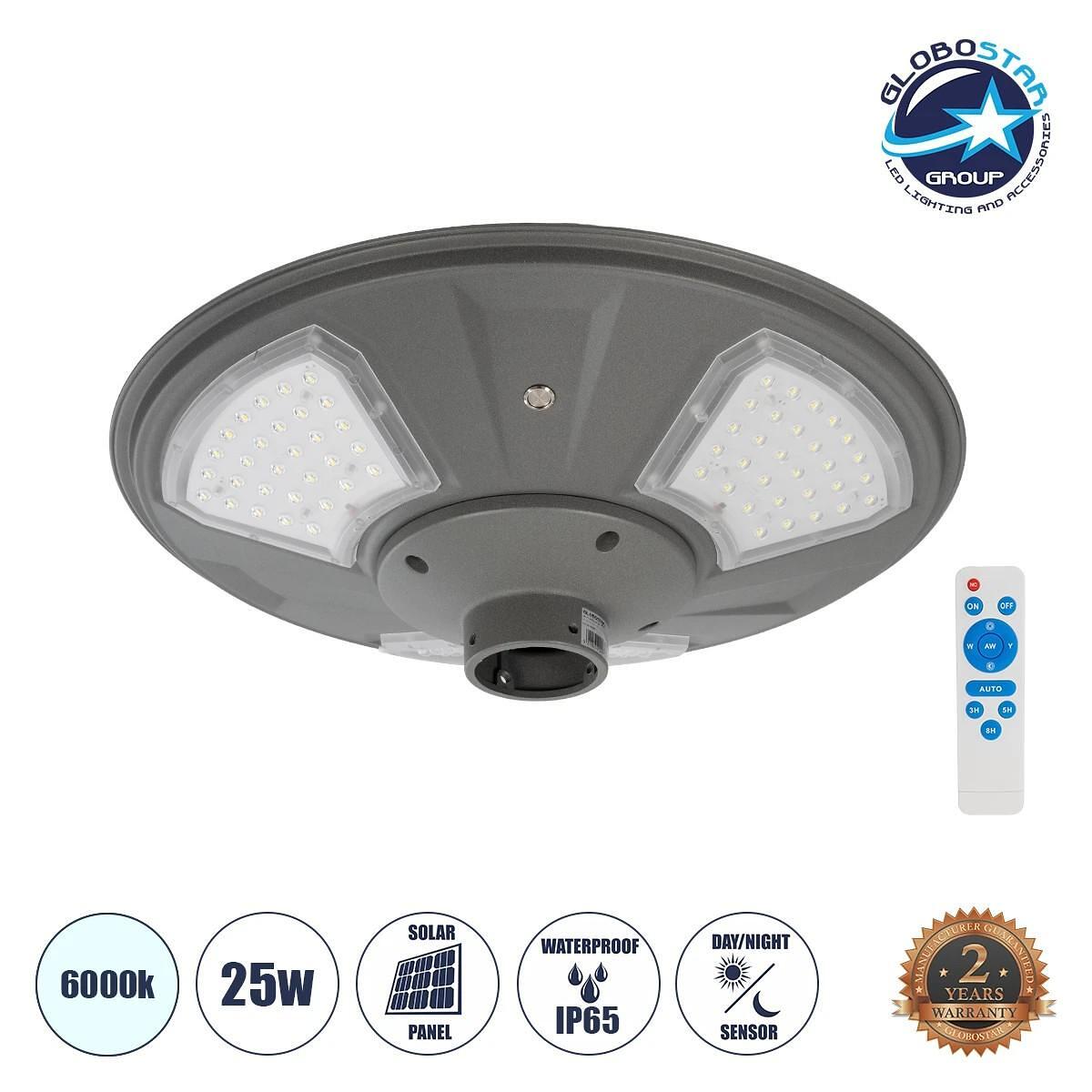 GLOBOSTAR® PARK 90500 Осветително тяло за глава Post Top за площад/парк LED 25W 2000lm 120° с вграден фотоволтаичен панел 6V 20W и презареждаема Li-i