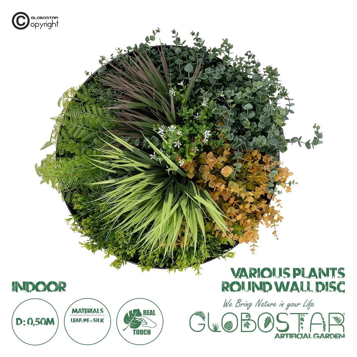 GloboStar® Artificial Garden VARIOUS PLANTS ROUND WALL DISC 20688 Изкуствен Декоративен Кръгъл Панел Листа - Вертикална градина Микс М50 x П50 x У23c