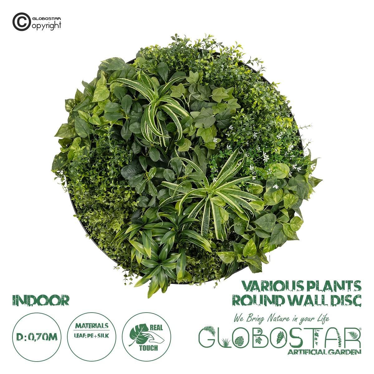 GloboStar® Artificial Garden VARIOUS PLANTS ROUND WALL DISC 20689 Изкуствен Декоративен Кръгъл Панел Листа - Вертикална градина Микс М70 x П70 x У15c