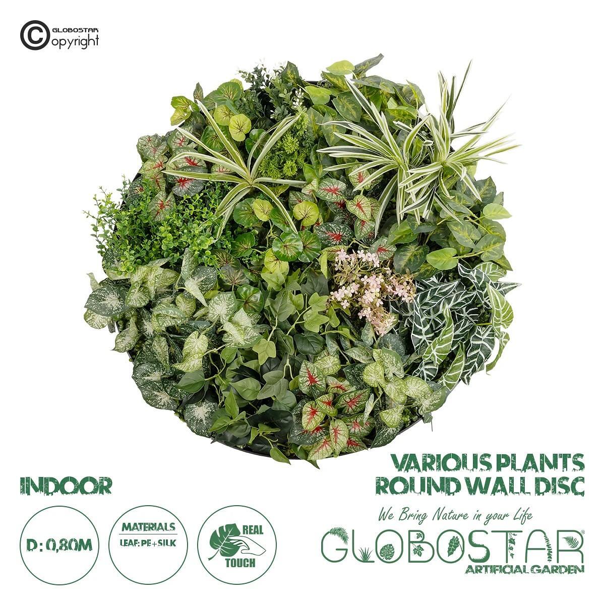 GloboStar® Изкуствена градина РАЗЛИЧНИ РАСТЕНИЯ КРЪГЪЛ СТЕНЕН ДИСК 20690 Изкуствен декоративен кръгъл панел с листна маса - вертикална градина микс М