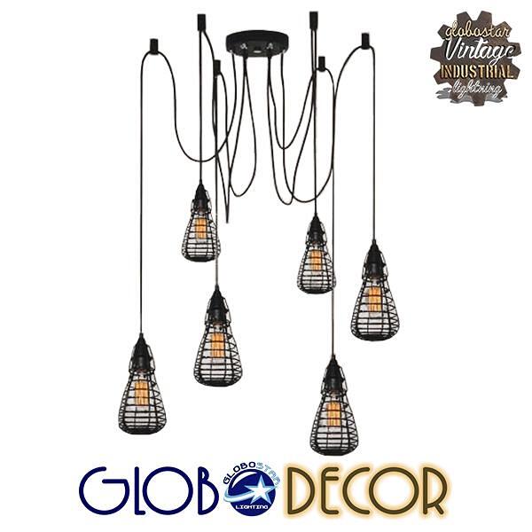 GLOBOSTAR® DROPS 01059 Винтидж Висяща Лампа за Таван с Фасунга 6 x E27 AC 220-240V IP20 - Черна - 120cm