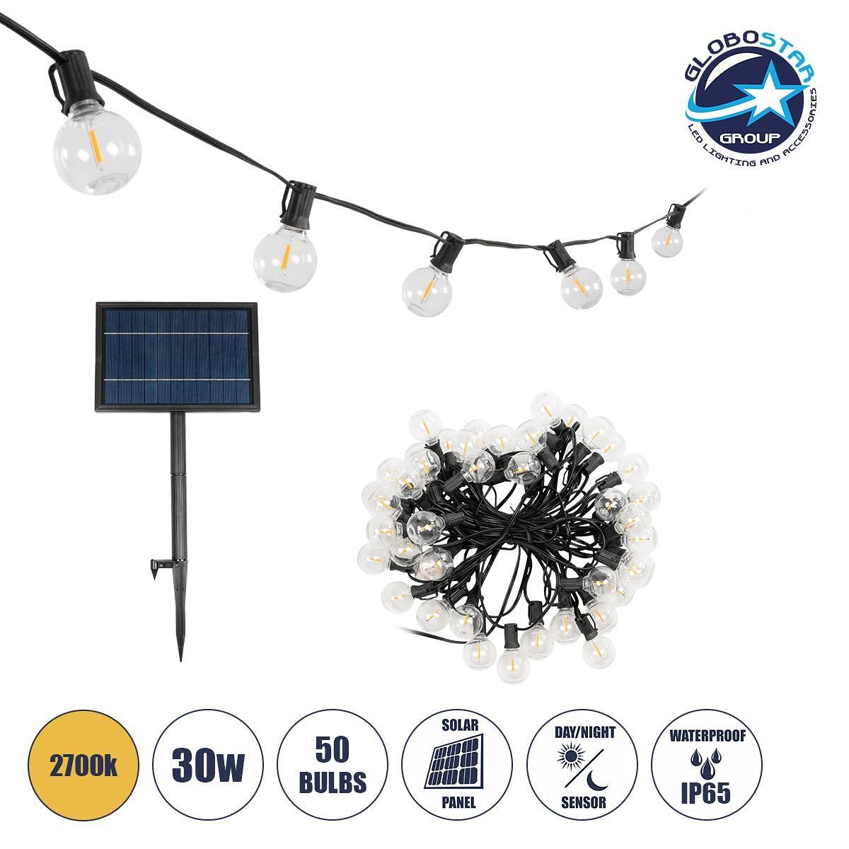 GLOBOSTAR® TWILIGHT 79669 Модерна градинска гирлянда 14.5м с 50 LED лампи 30W 2700lm 360° DC 3.6V с вграден фотоволтаичен панел 5.5V 5W и презареждащ