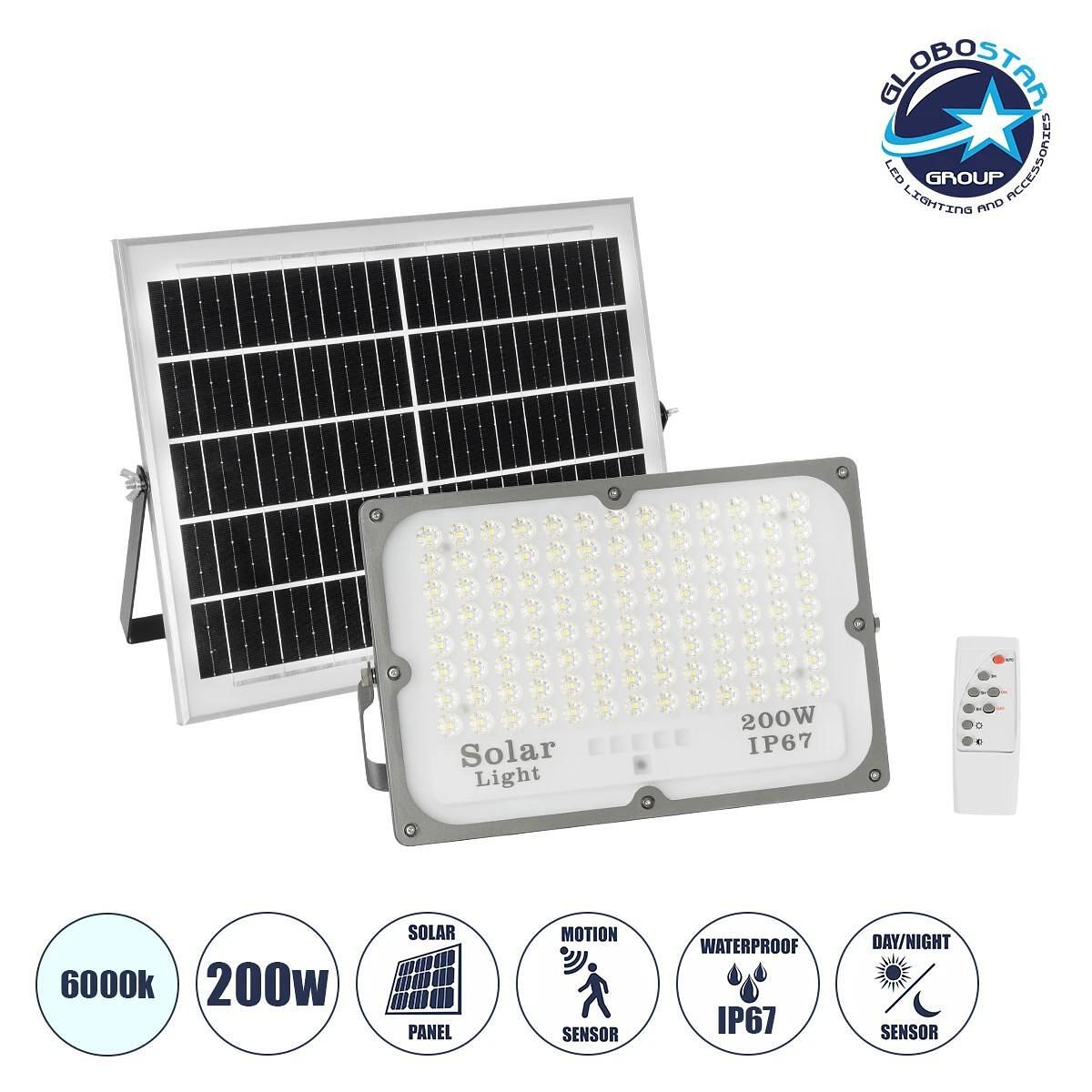 GLOBOSTAR® LUMOVOX 73068 LED прожектор 200W 10000lm 120° DC 5V с фотоволтаичен панел 5V 12W и презареждаема Li-ion батерия 3.2V 10000mAh Водоустойчив