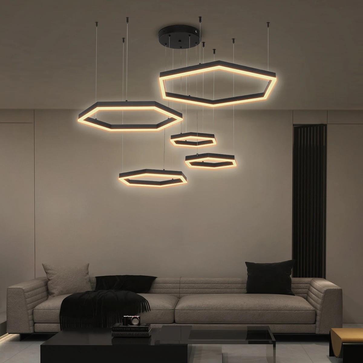 kelvo® LEXAGON KLV-101-0179 Висящо LED осветително тяло за таван 120W 12000lm 200° AC 220-240V IP20 Регулируема бяла CCT с дистанционно управление от