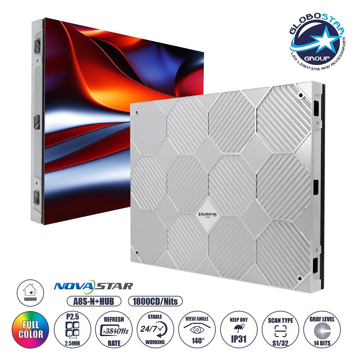 GLOBOSTAR® LUXCORE 41004 Видео стена P2.5 Кабина 64x48cm LED 140W 3840Hz 49152 Dots ≥1800cd/㎡ Nits AC 220-240V За вътрешен монтаж IP31 Full Color S1/