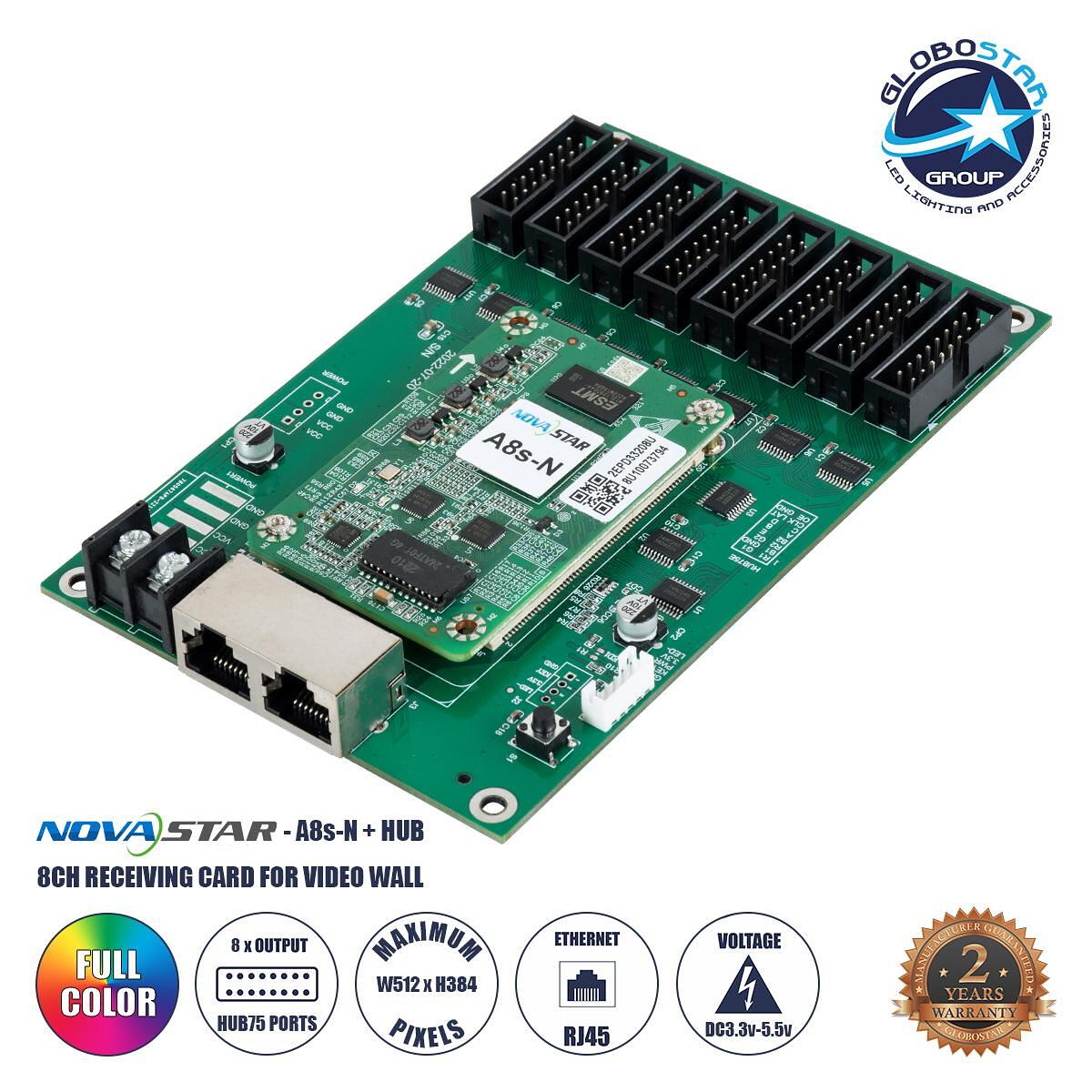 GLOBOSTAR® A8S-N+HUB 41022 Novastar A8S-N+HUB Приемна карта за LED Video Wall екрани 8 x HUB75E с товароносимост в пиксели 512 x 384px - Gigabit Netw