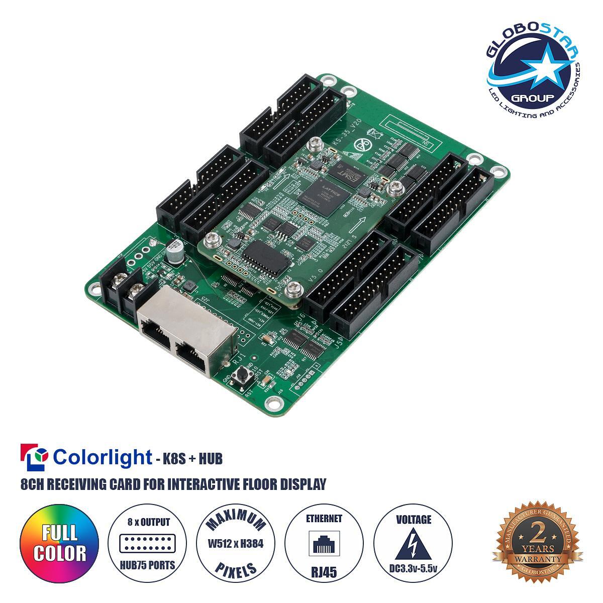 GLOBOSTAR® K8S+HUB 41023 Colorlight K8S+HUB-DL-S65 Интерактивна приемна карта за LED видео стени 8 x HUB75E с товароносимост в пиксели 512 x 384px -