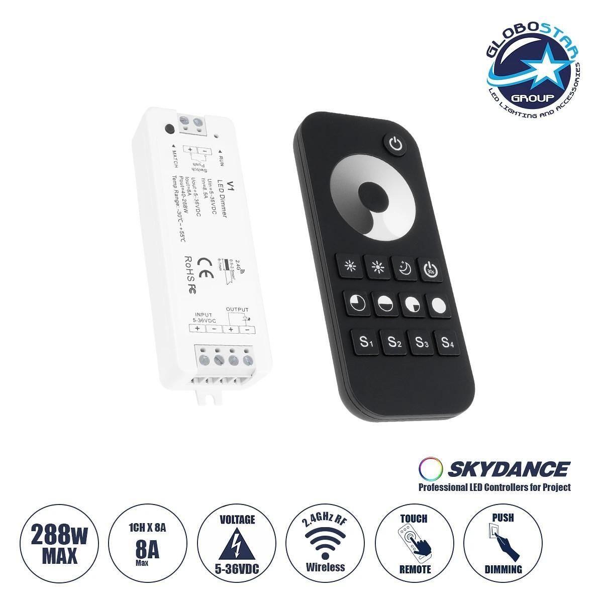 GloboStar ® 73118 RT1+V1 SKYDANCE SET Димер и безжично сензорно управление 1 група RF 2.4Ghz 8A Max DC 5-36V (288W) - DC 3V IP20